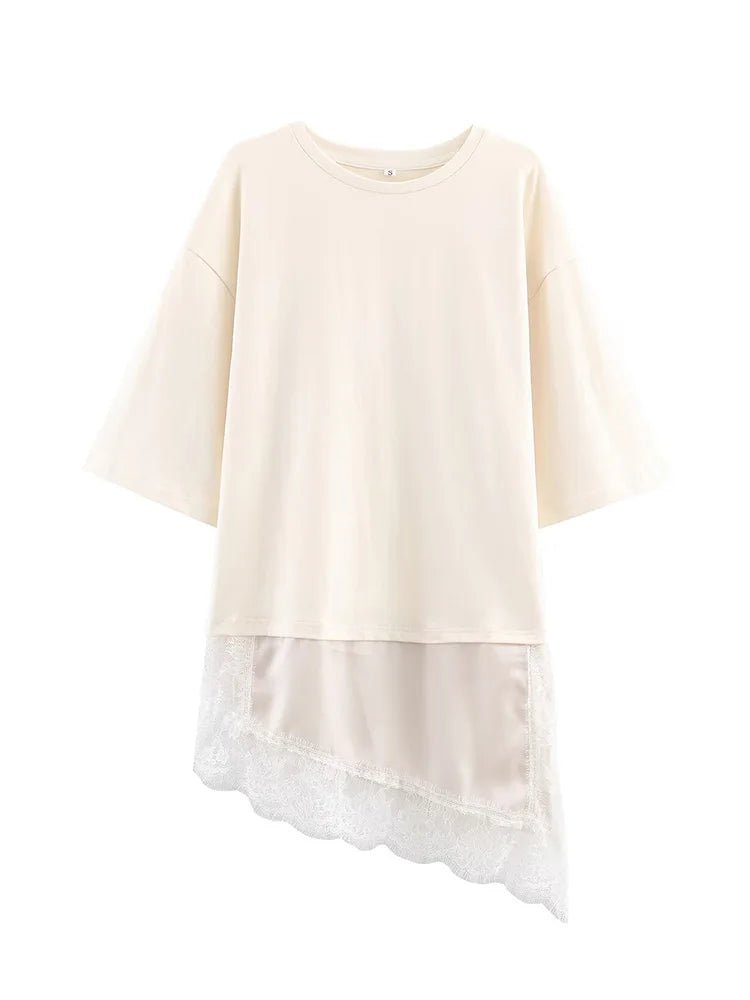 HH Spring Woman Elegant Round Collar Short Sleeves Splice Lace Decoration Asymmetrical T-shirt Female Chic Casual Solid Tops - Clothesfassion.store