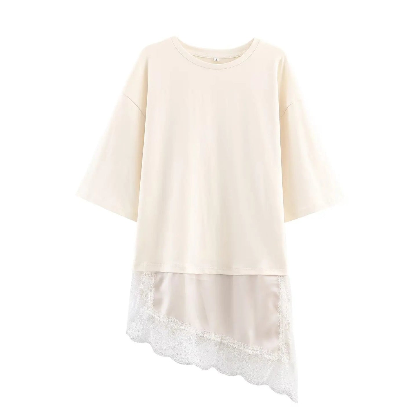 HH Spring Woman Elegant Round Collar Short Sleeves Splice Lace Decoration Asymmetrical T-shirt Female Chic Casual Solid Tops - Clothesfassion.store