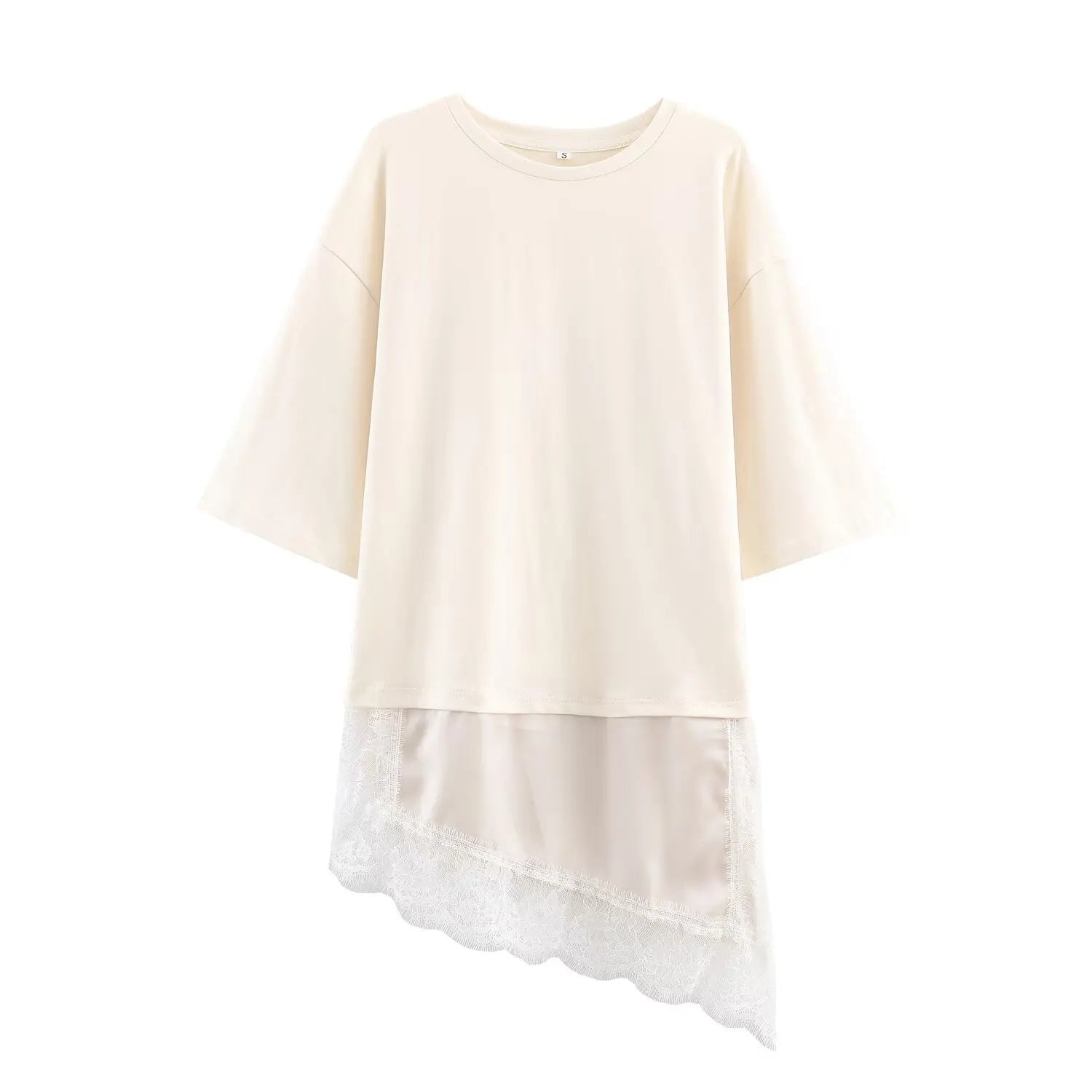 HH Spring Woman Elegant Round Collar Short Sleeves Splice Lace Decoration Asymmetrical T-shirt Female Chic Casual Solid Tops - Clothesfassion.store