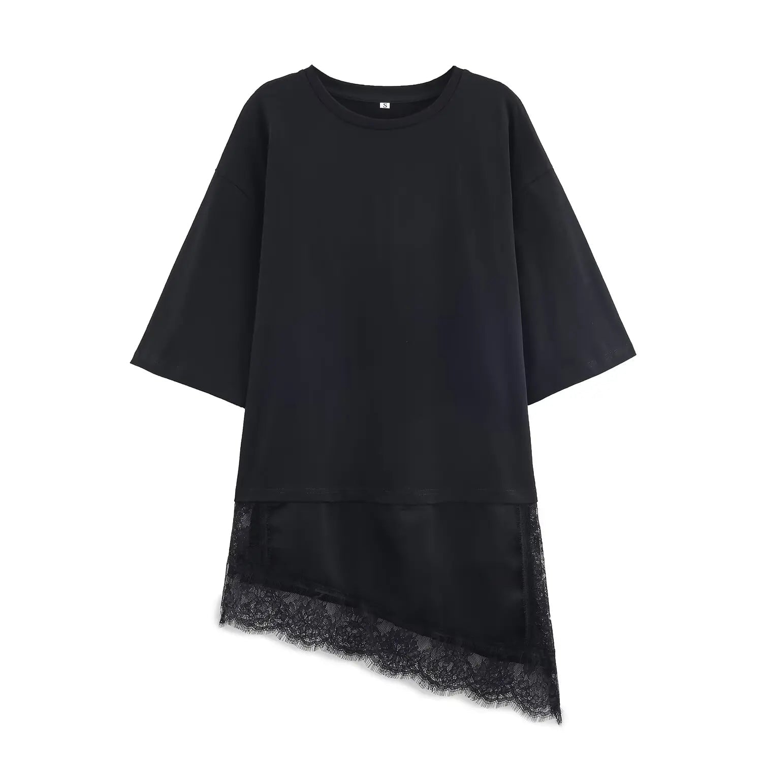 HH Spring Woman Elegant Round Collar Short Sleeves Splice Lace Decoration Asymmetrical T-shirt Female Chic Casual Solid Tops - Clothesfassion.store