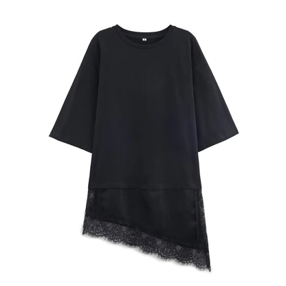 HH Spring Woman Elegant Round Collar Short Sleeves Splice Lace Decoration Asymmetrical T-shirt Female Chic Casual Solid Tops - Clothesfassion.store