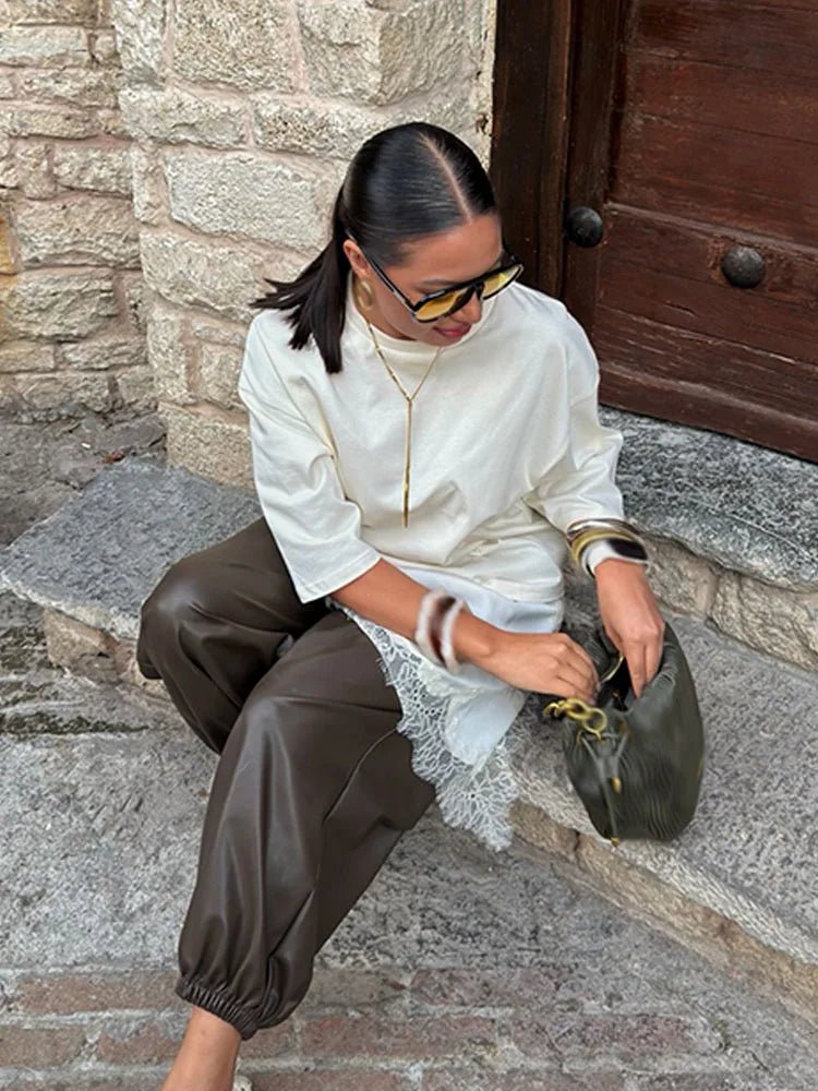 HH Spring Woman Elegant Round Collar Short Sleeves Splice Lace Decoration Asymmetrical T-shirt Female Chic Casual Solid Tops - Clothesfassion.store