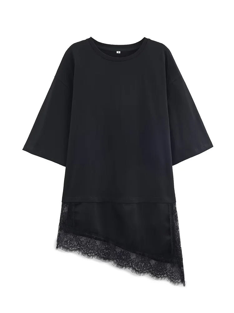 HH Spring Woman Elegant Round Collar Short Sleeves Splice Lace Decoration Asymmetrical T-shirt Female Chic Casual Solid Tops - Clothesfassion.store