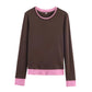 HH Spring Woman Elegant Solid 3 - Color Round Collar Double Contrast Tops Female Casual Long Sleeves Versatile Slim T-shirt - Clothesfassion.store