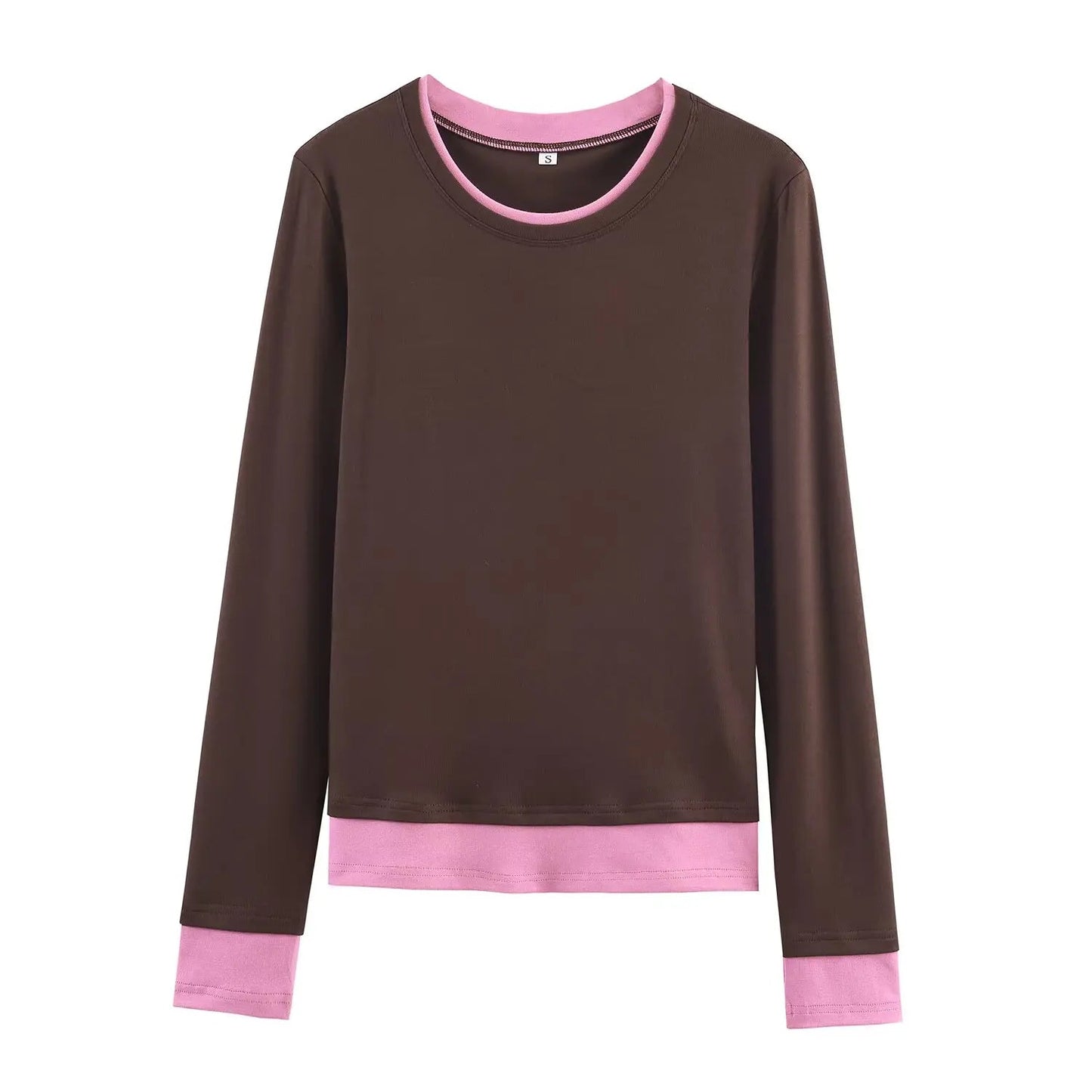 HH Spring Woman Elegant Solid 3 - Color Round Collar Double Contrast Tops Female Casual Long Sleeves Versatile Slim T-shirt - Clothesfassion.store
