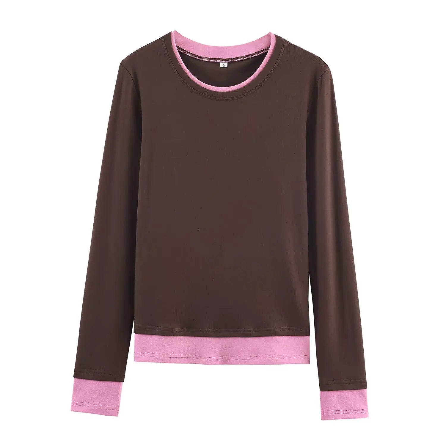 HH Spring Woman Elegant Solid 3 - Color Round Collar Double Contrast Tops Female Casual Long Sleeves Versatile Slim T-shirt - Clothesfassion.store