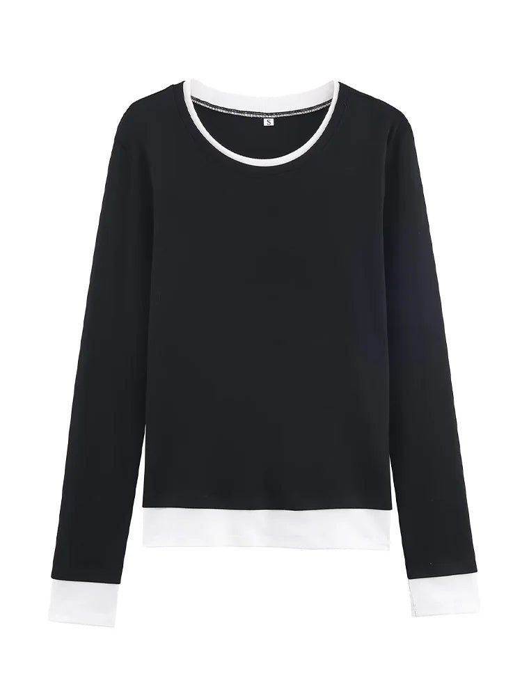 HH Spring Woman Elegant Solid 3 - Color Round Collar Double Contrast Tops Female Casual Long Sleeves Versatile Slim T-shirt - Clothesfassion.store