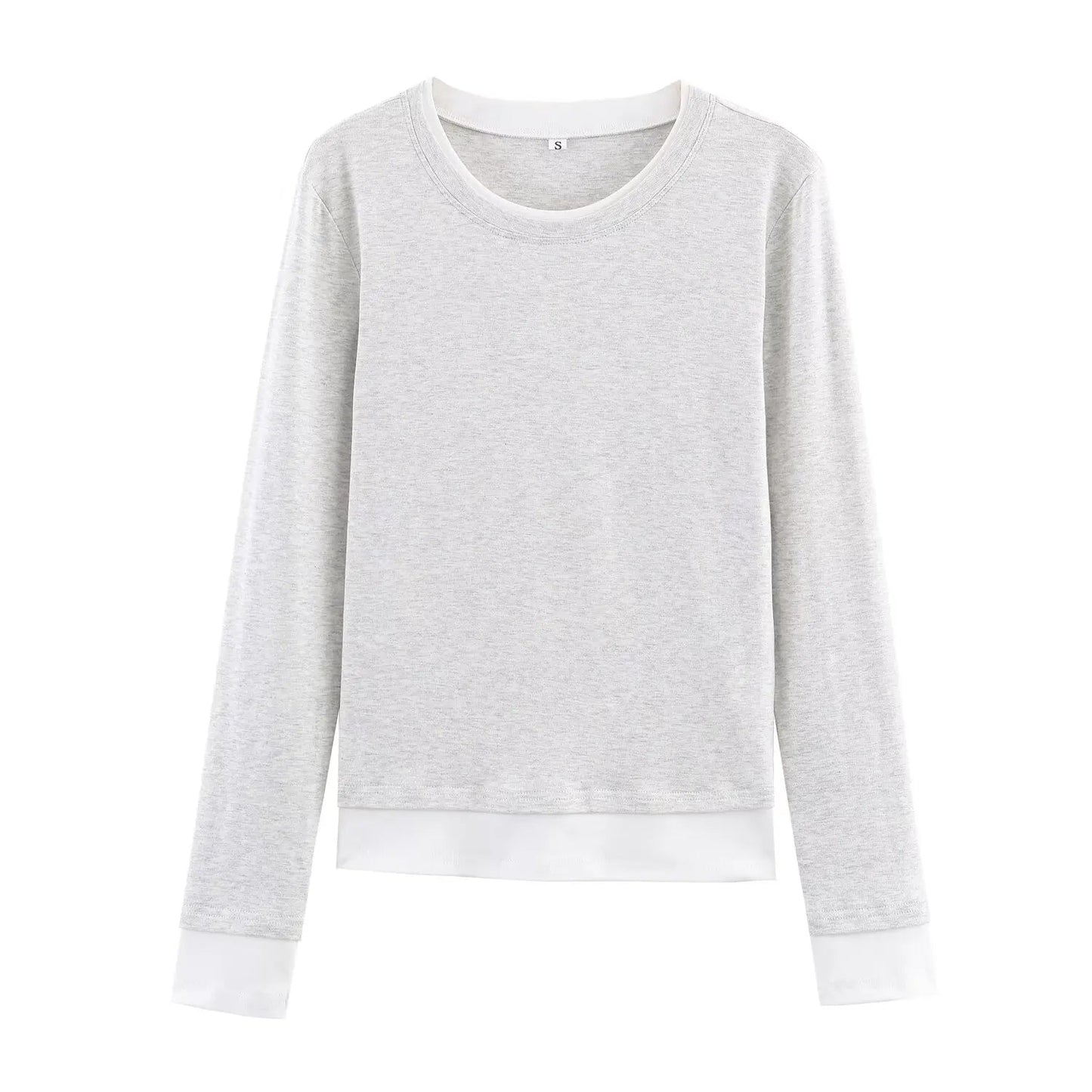 HH Spring Woman Elegant Solid 3 - Color Round Collar Double Contrast Tops Female Casual Long Sleeves Versatile Slim T-shirt - Clothesfassion.store