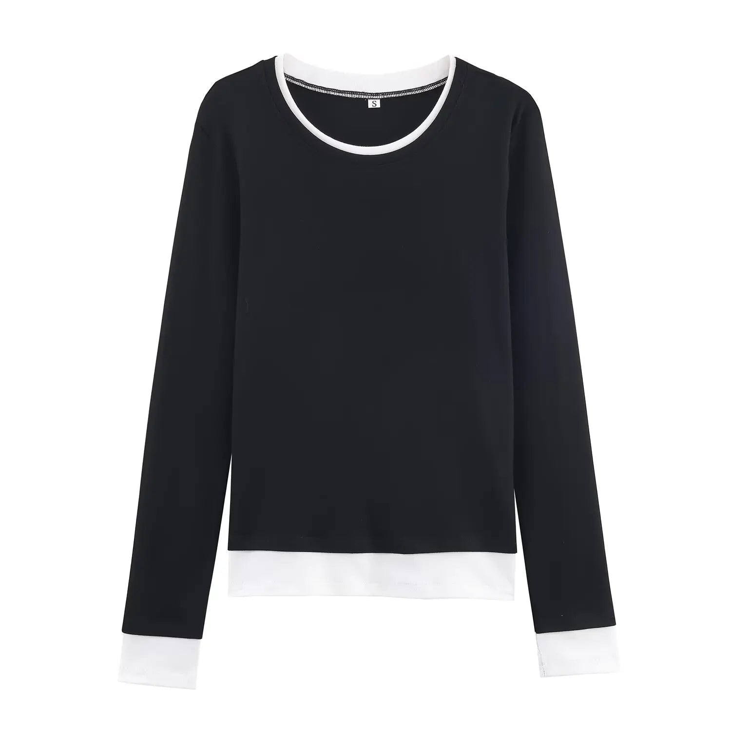 HH Spring Woman Elegant Solid 3 - Color Round Collar Double Contrast Tops Female Casual Long Sleeves Versatile Slim T-shirt - Clothesfassion.store