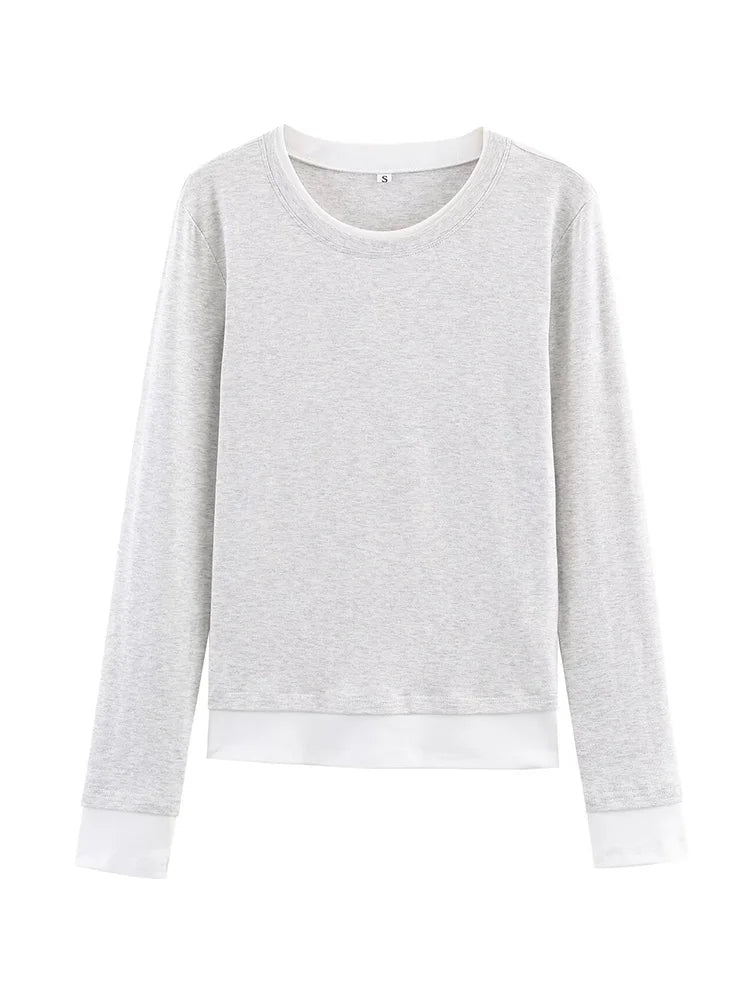HH Spring Woman Elegant Solid 3 - Color Round Collar Double Contrast Tops Female Casual Long Sleeves Versatile Slim T-shirt - Clothesfassion.store