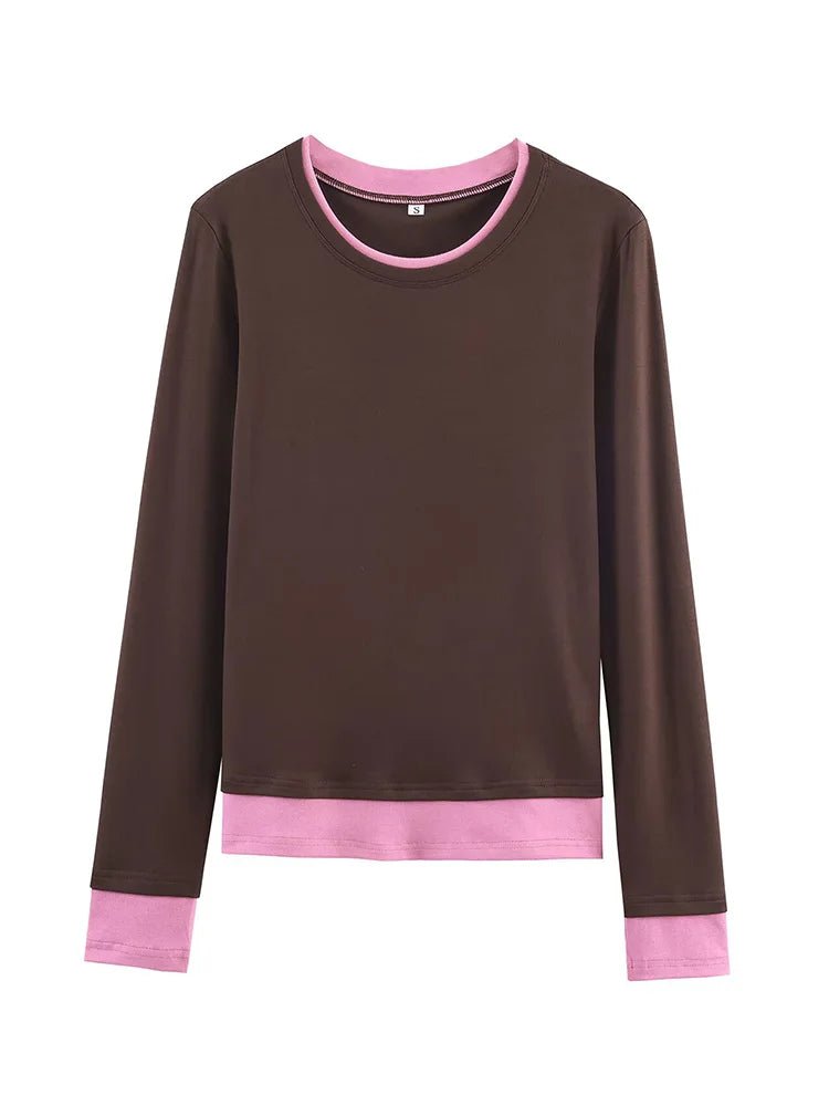 HH Spring Woman Elegant Solid 3 - Color Round Collar Double Contrast Tops Female Casual Long Sleeves Versatile Slim T-shirt - Clothesfassion.store