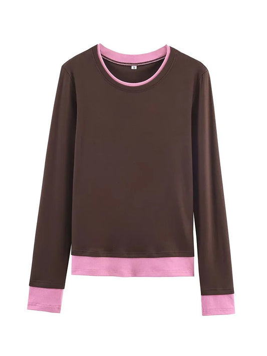 HH Spring Woman Elegant Solid 3 - Color Round Collar Double Contrast Tops Female Casual Long Sleeves Versatile Slim T-shirt - Clothesfassion.store