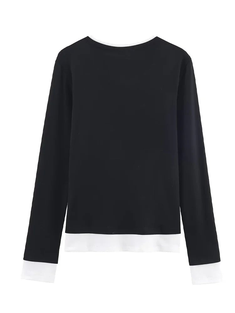 HH Spring Woman Elegant Solid 3 - Color Round Collar Double Contrast Tops Female Casual Long Sleeves Versatile Slim T-shirt - Clothesfassion.store