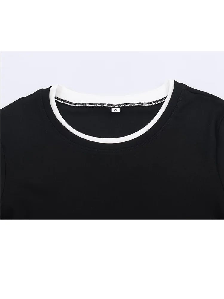 HH Spring Woman Elegant Solid 3 - Color Round Collar Double Contrast Tops Female Casual Long Sleeves Versatile Slim T-shirt - Clothesfassion.store