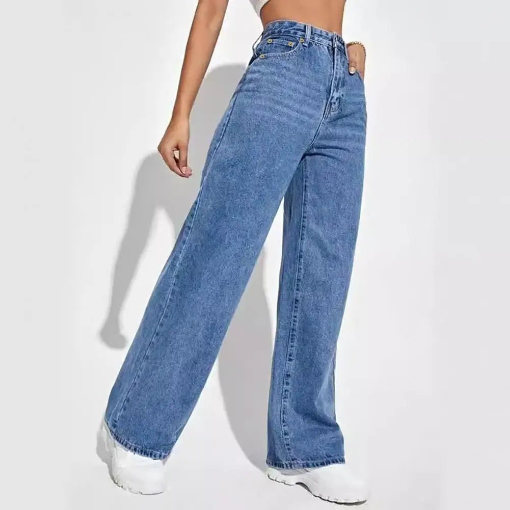 High Waist Denim Pants For Women Stretchy Wide - Leg Jeans With Pockets Casual Straight Leg Summer Autumn Female Jean Trousers - Clothesfassion.store