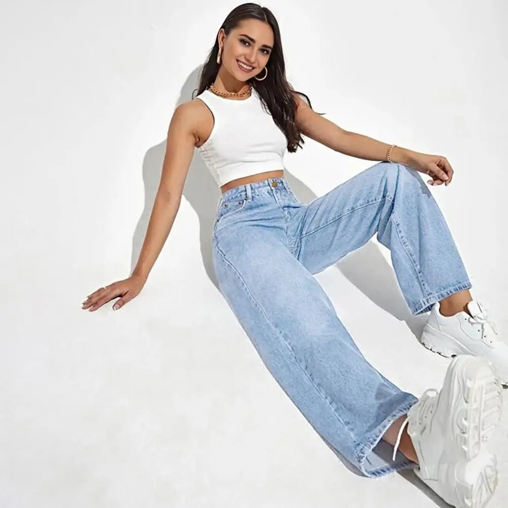 High Waist Denim Pants For Women Stretchy Wide - Leg Jeans With Pockets Casual Straight Leg Summer Autumn Female Jean Trousers - Clothesfassion.store