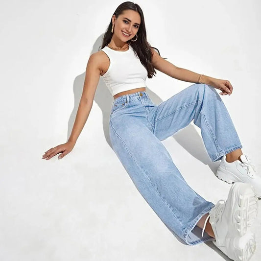 High Waist Denim Pants For Women Stretchy Wide - Leg Jeans With Pockets Casual Straight Leg Summer Autumn Female Jean Trousers - Clothesfassion.store