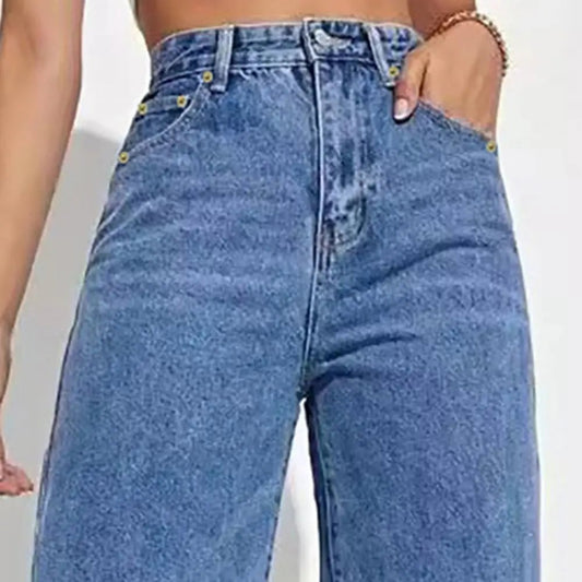 High Waist Denim Pants For Women Stretchy Wide - Leg Jeans With Pockets Casual Straight Leg Summer Autumn Female Jean Trousers - Clothesfassion.store