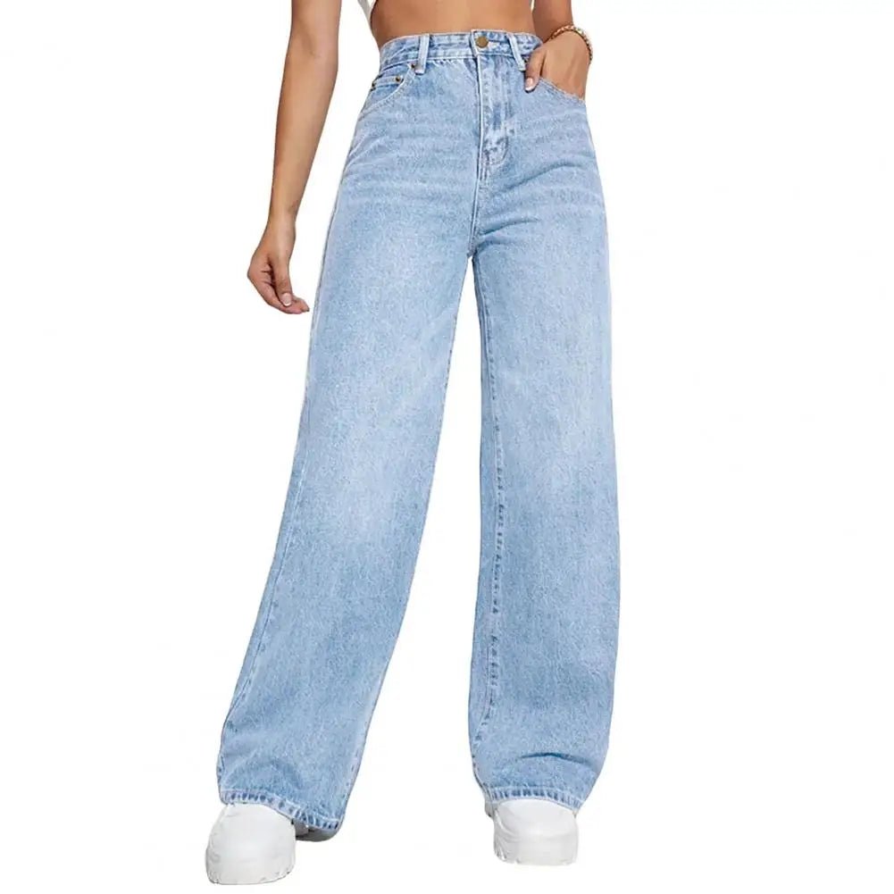 High Waist Denim Pants For Women Stretchy Wide - Leg Jeans With Pockets Casual Straight Leg Summer Autumn Female Jean Trousers - Clothesfassion.store