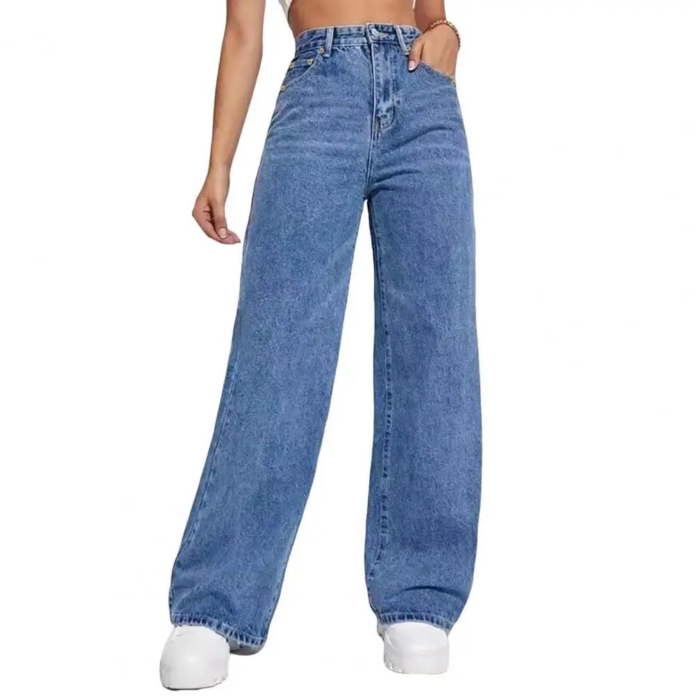 High Waist Denim Pants For Women Stretchy Wide - Leg Jeans With Pockets Casual Straight Leg Summer Autumn Female Jean Trousers - Clothesfassion.store