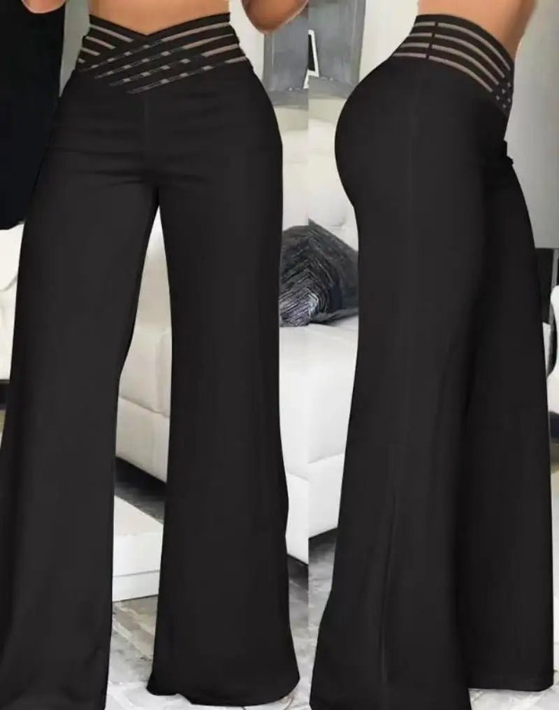 High Waist Solid Color Wide Leg Pants Summer Chic Loose Elegant Metal Flared Pant Office Ladies Straight Holiday Women Trousers - Clothesfassion.store