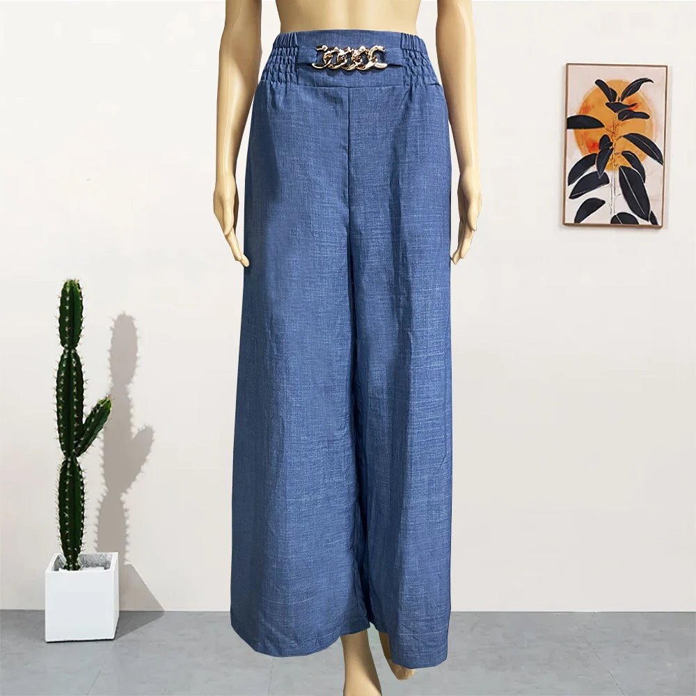 High Waist Solid Color Wide Leg Pants Summer Chic Loose Elegant Metal Flared Pant Office Ladies Straight Holiday Women Trousers - Clothesfassion.store
