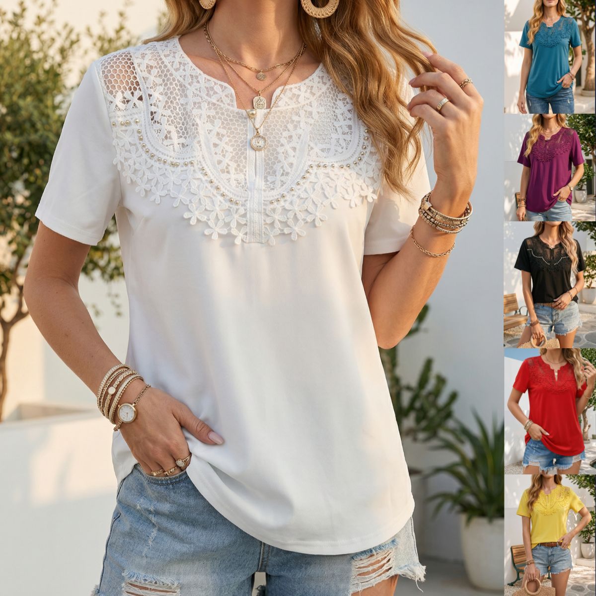 Hollow-out Pearl-trimmed Loose Short-sleeve T-shirt For Women - Clothesfassion.store