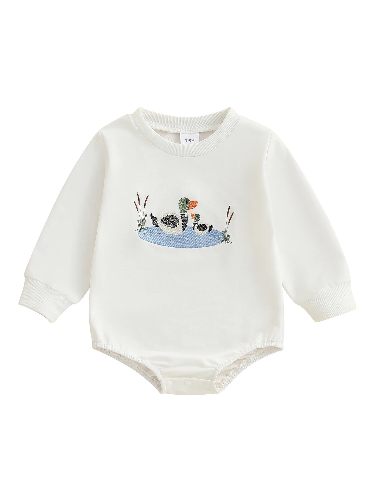 Infant Boys Fall Overalls with Long Sleeves and Crew Neck Featuring Adorable Duck Embroidery on Sweatshirt Style Romper - Clothesfassion.store