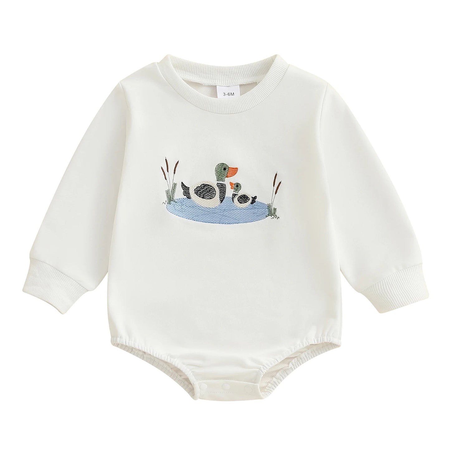 Infant Boys Fall Overalls with Long Sleeves and Crew Neck Featuring Adorable Duck Embroidery on Sweatshirt Style Romper - Clothesfassion.store