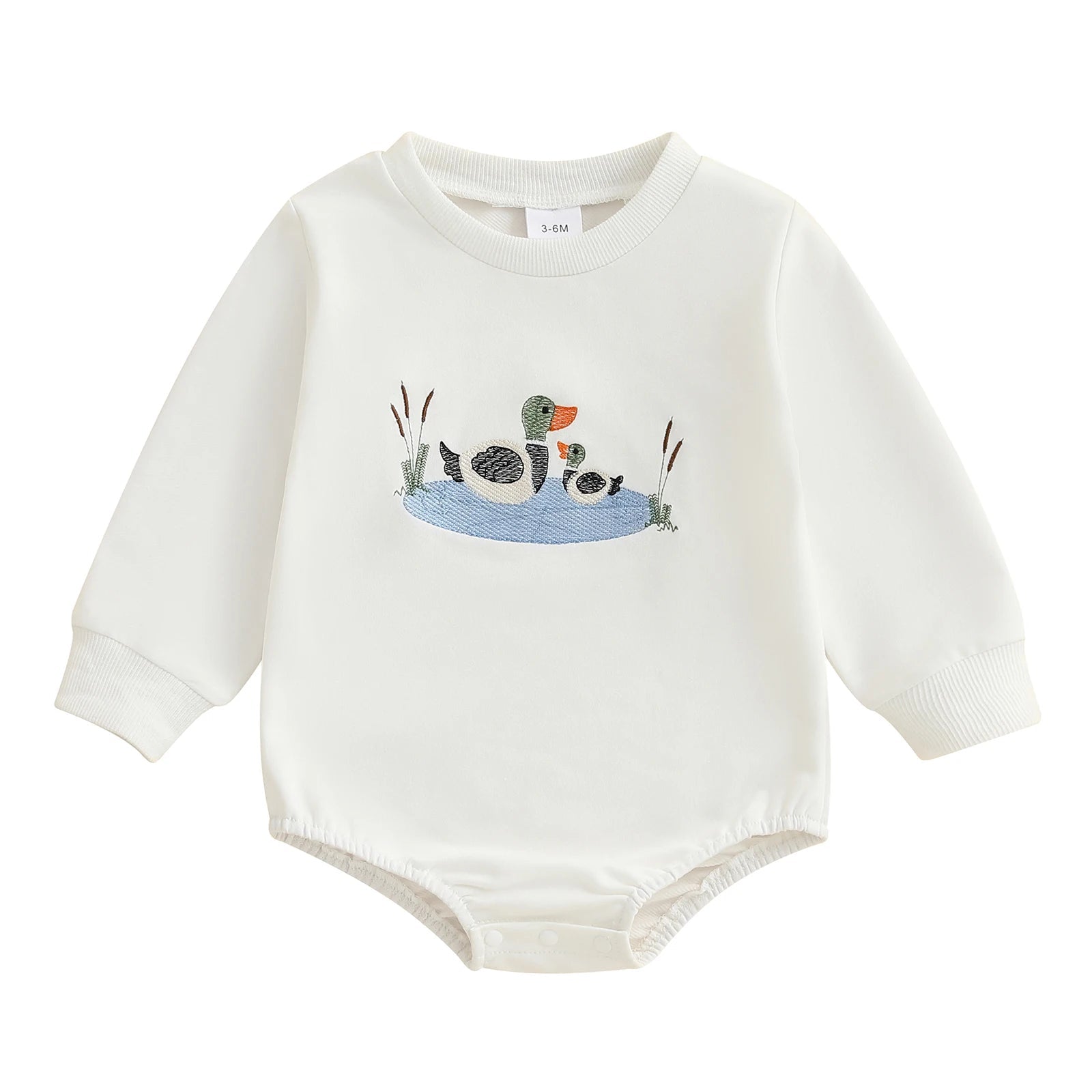 Infant Boys Fall Overalls with Long Sleeves and Crew Neck Featuring Adorable Duck Embroidery on Sweatshirt Style Romper - Clothesfassion.store