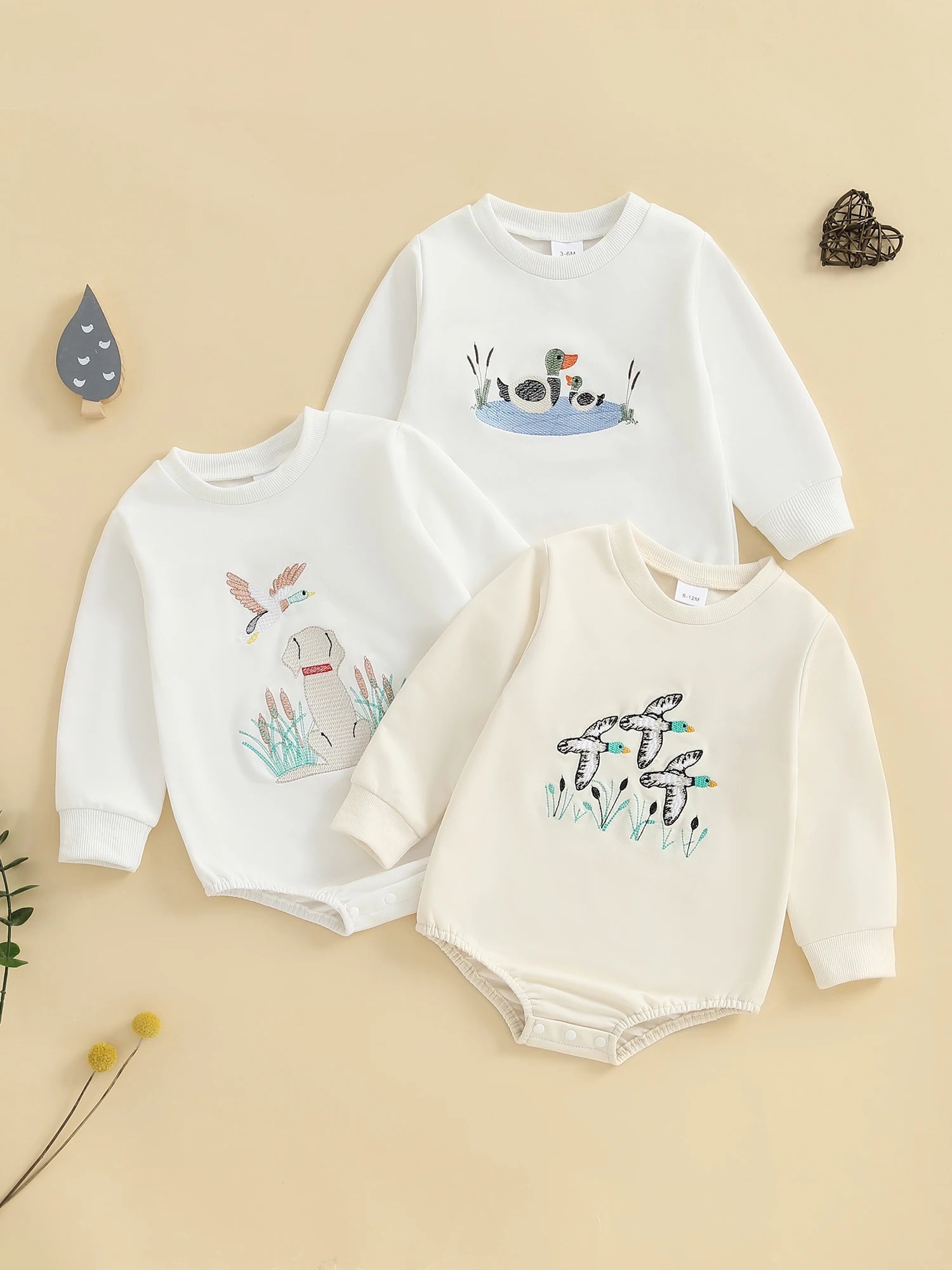 Infant Boys Fall Overalls with Long Sleeves and Crew Neck Featuring Adorable Duck Embroidery on Sweatshirt Style Romper - Clothesfassion.store