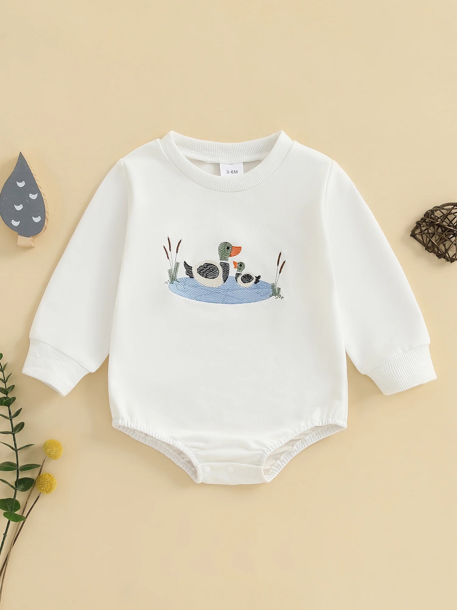 Infant Boys Fall Overalls with Long Sleeves and Crew Neck Featuring Adorable Duck Embroidery on Sweatshirt Style Romper - Clothesfassion.store