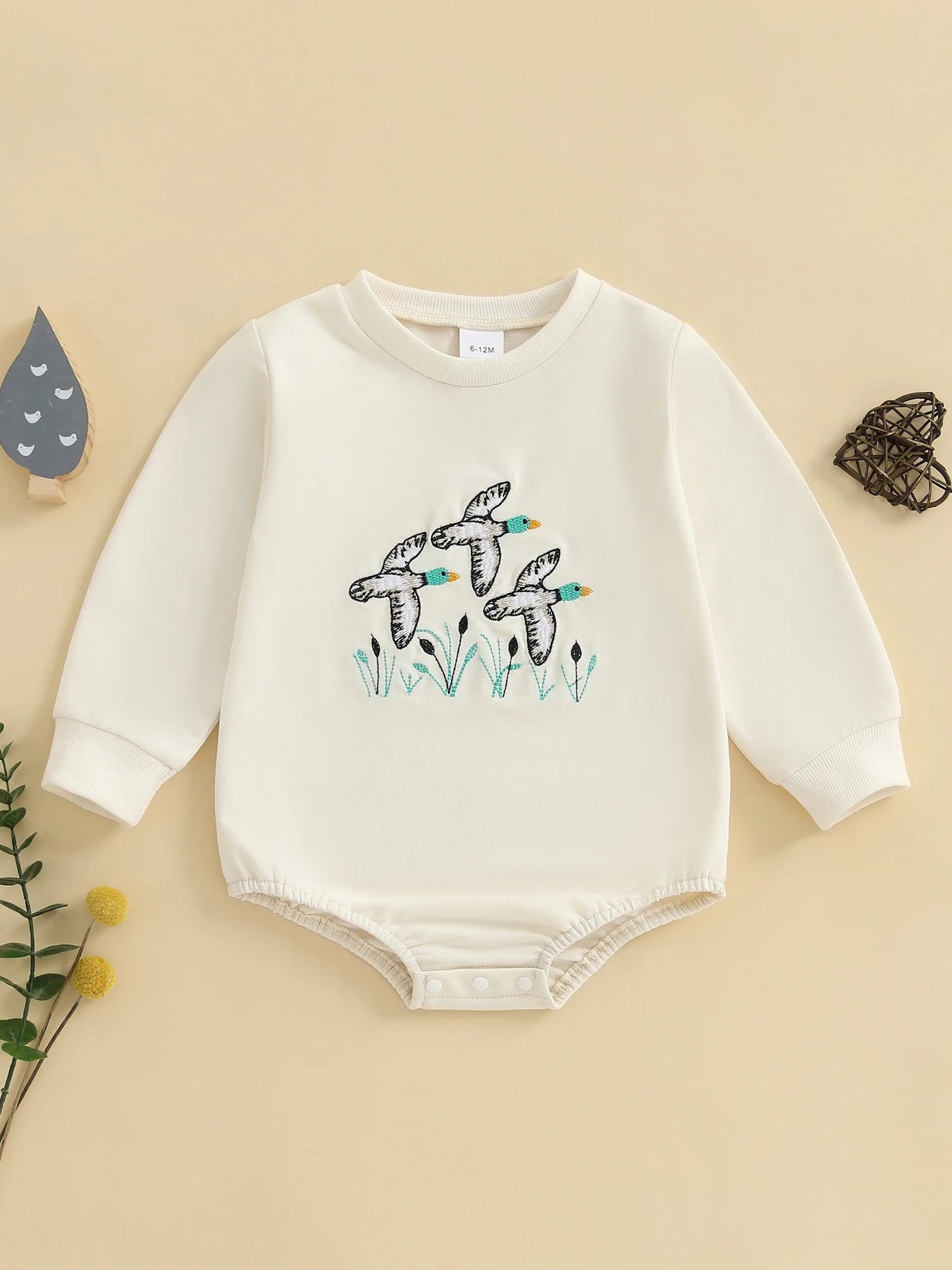Infant Boys Fall Overalls with Long Sleeves and Crew Neck Featuring Adorable Duck Embroidery on Sweatshirt Style Romper - Clothesfassion.store