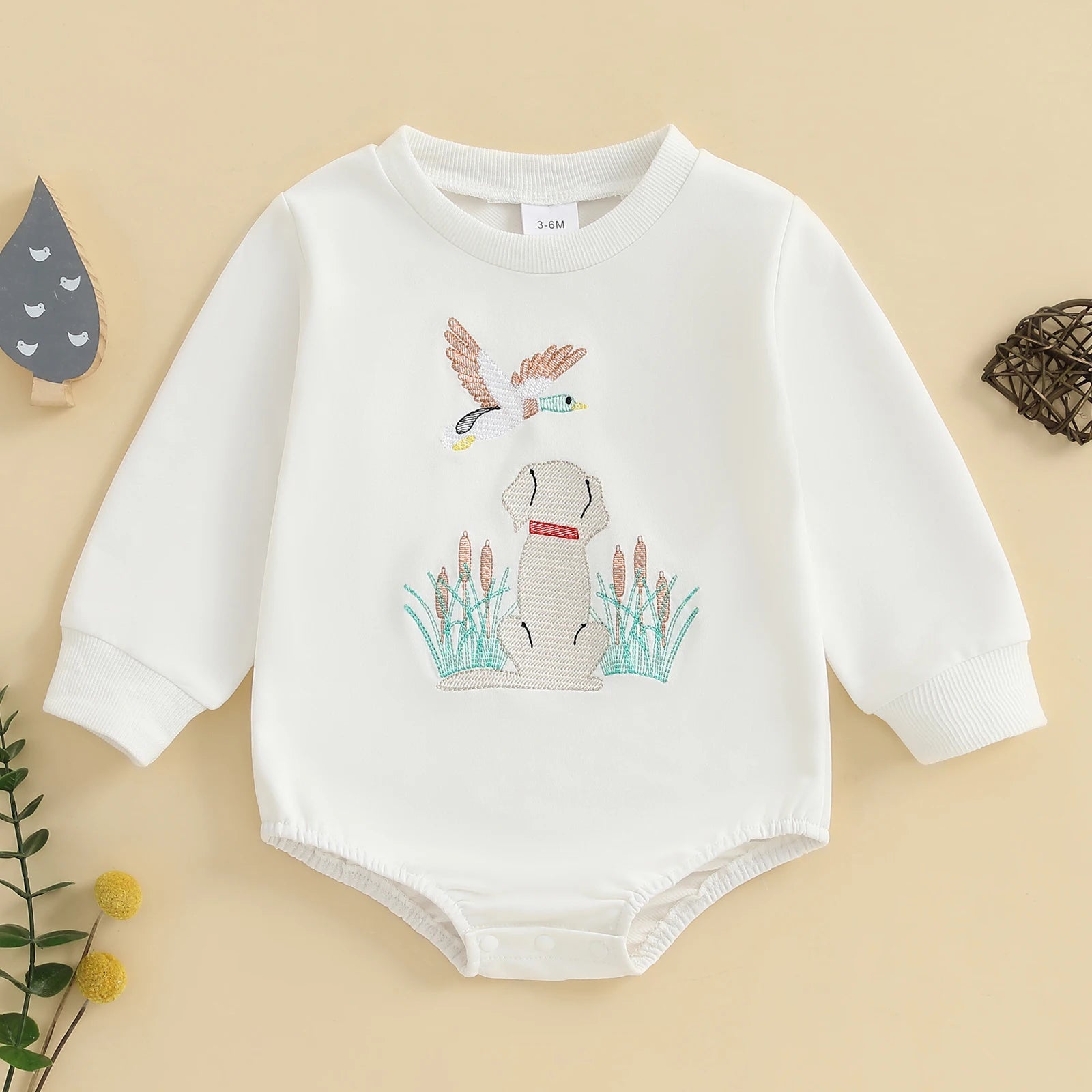 Infant Boys Fall Overalls with Long Sleeves and Crew Neck Featuring Adorable Duck Embroidery on Sweatshirt Style Romper - Clothesfassion.store