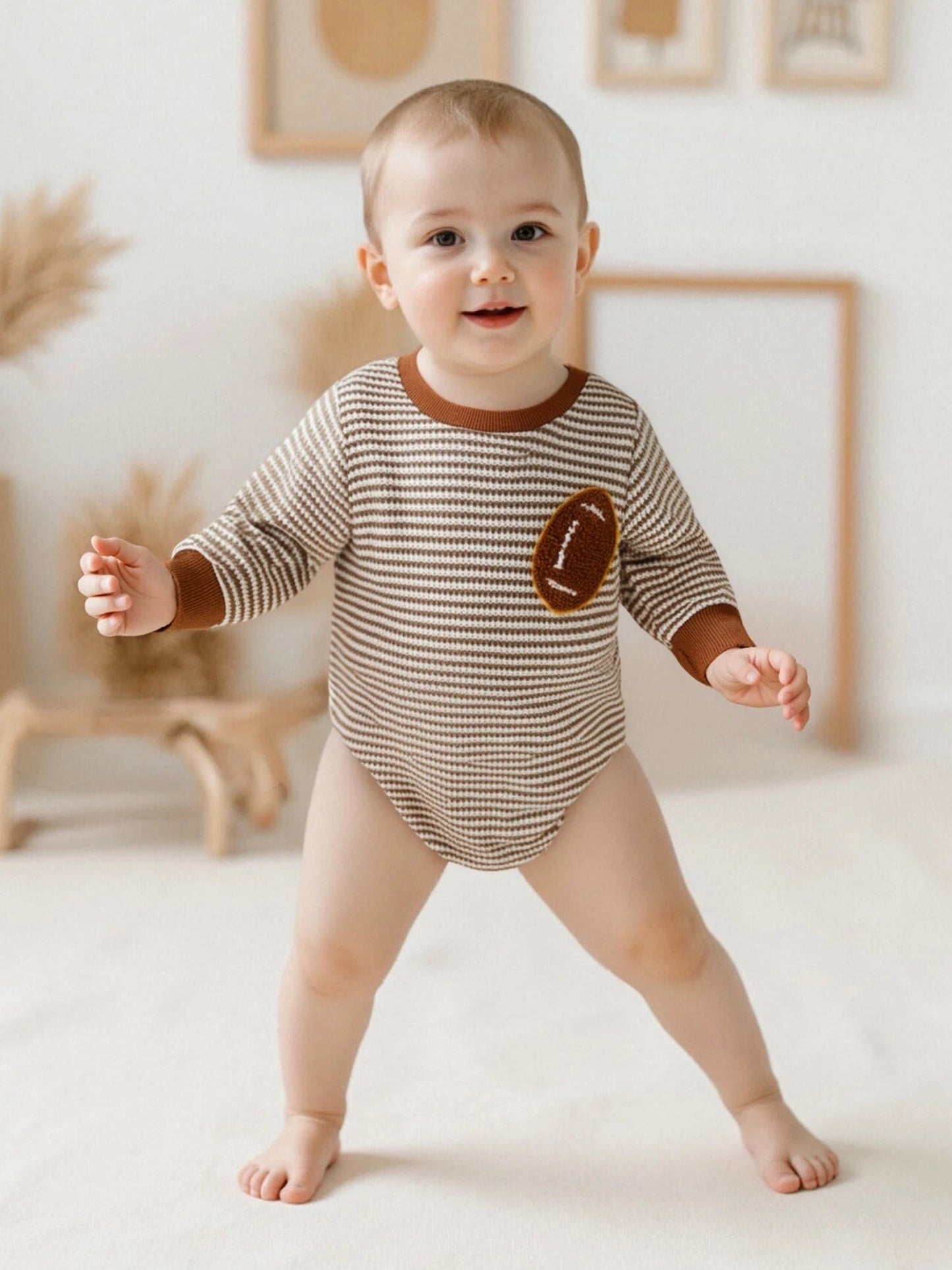 Infant Boys Fall Sweatshirt with Long Sleeves Crewneck Rugby Embroidery and Striped Design for Autumn - Clothesfassion.store