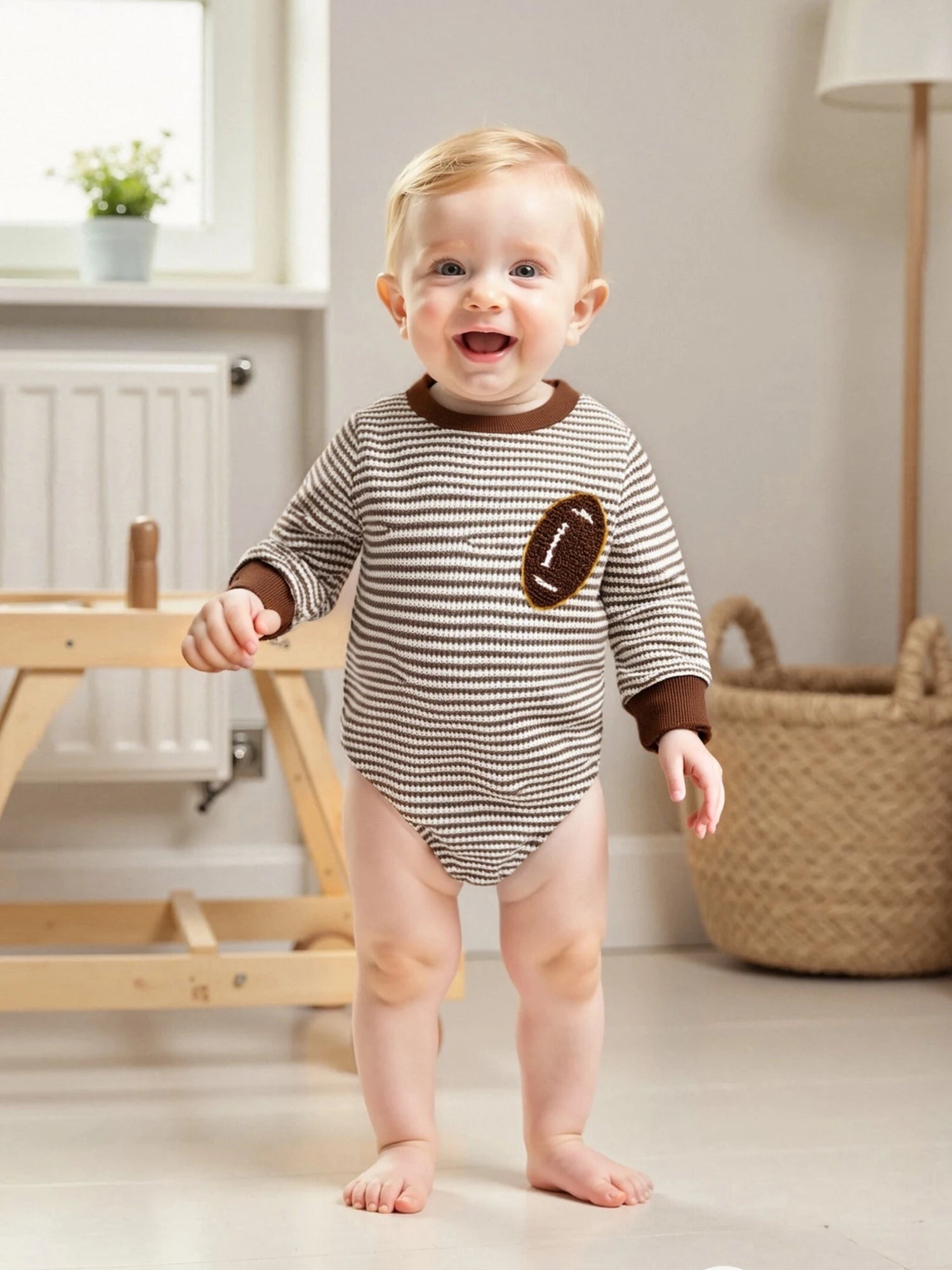 Infant Boys Fall Sweatshirt with Long Sleeves Crewneck Rugby Embroidery and Striped Design for Autumn - Clothesfassion.store