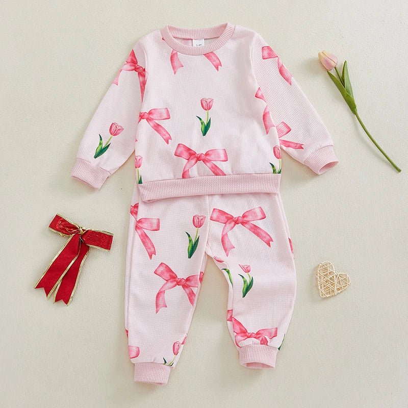 Infant Girl 2 - Piece Autumn Ensemble with Long Sleeve Bow Print Sweatshirt and Pants - Adorable Toddler Clothing Set - Clothesfassion.store