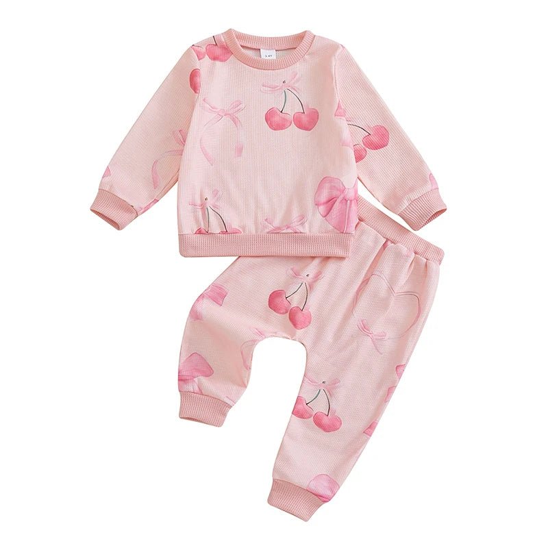 Infant Girl 2 - Piece Autumn Ensemble with Long Sleeve Bow Print Sweatshirt and Pants - Adorable Toddler Clothing Set - Clothesfassion.store