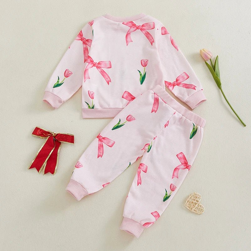 Infant Girl 2 - Piece Autumn Ensemble with Long Sleeve Bow Print Sweatshirt and Pants - Adorable Toddler Clothing Set - Clothesfassion.store