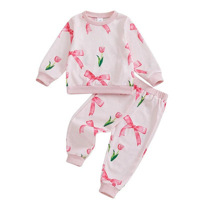 Infant Girl 2 - Piece Autumn Ensemble with Long Sleeve Bow Print Sweatshirt and Pants - Adorable Toddler Clothing Set - Clothesfassion.store