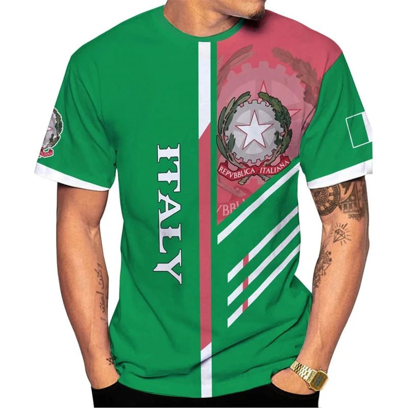 Italy Flag T-Shirts Italian National Emblem Printed Round Neck Short Sleeves Tee Shirts Men Women Kids Clothes Streetwear Tees - Clothesfassion.store