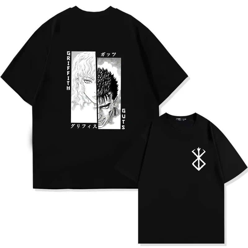 Japan Anime Berserk T-Shirt Guts Print Graphic Tee Men's 90s Summer Short Sleeve Casual Manga Dark Fantasy Black Swordsman Style - Clothesfassion.store