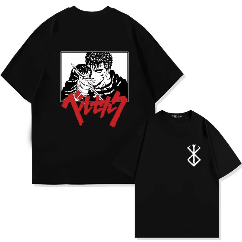 Japan Anime Berserk T-Shirt Guts Print Graphic Tee Men's 90s Summer Short Sleeve Casual Manga Dark Fantasy Black Swordsman Style - Clothesfassion.store