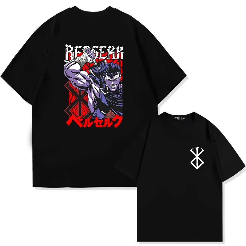 Japan Anime Berserk T-Shirt Guts Print Graphic Tee Men's 90s Summer Short Sleeve Casual Manga Dark Fantasy Black Swordsman Style - Clothesfassion.store