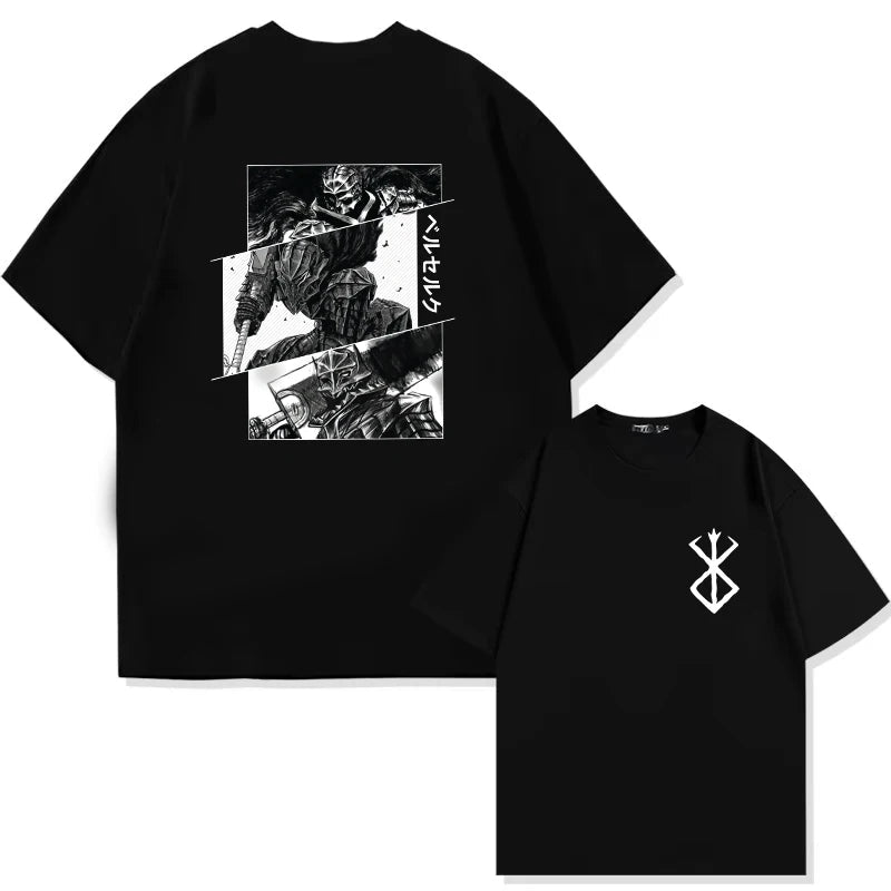 Japan Anime Berserk T-Shirt Guts Print Graphic Tee Men's 90s Summer Short Sleeve Casual Manga Dark Fantasy Black Swordsman Style - Clothesfassion.store