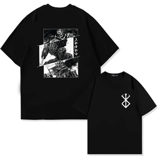 Japan Anime Berserk T-Shirt Guts Print Graphic Tee Men's 90s Summer Short Sleeve Casual Manga Dark Fantasy Black Swordsman Style - Clothesfassion.store