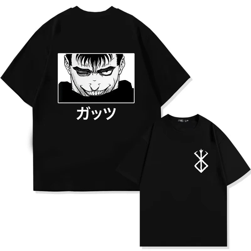 Japan Anime Berserk T-Shirt Guts Print Graphic Tee Men's 90s Summer Short Sleeve Casual Manga Dark Fantasy Black Swordsman Style - Clothesfassion.store