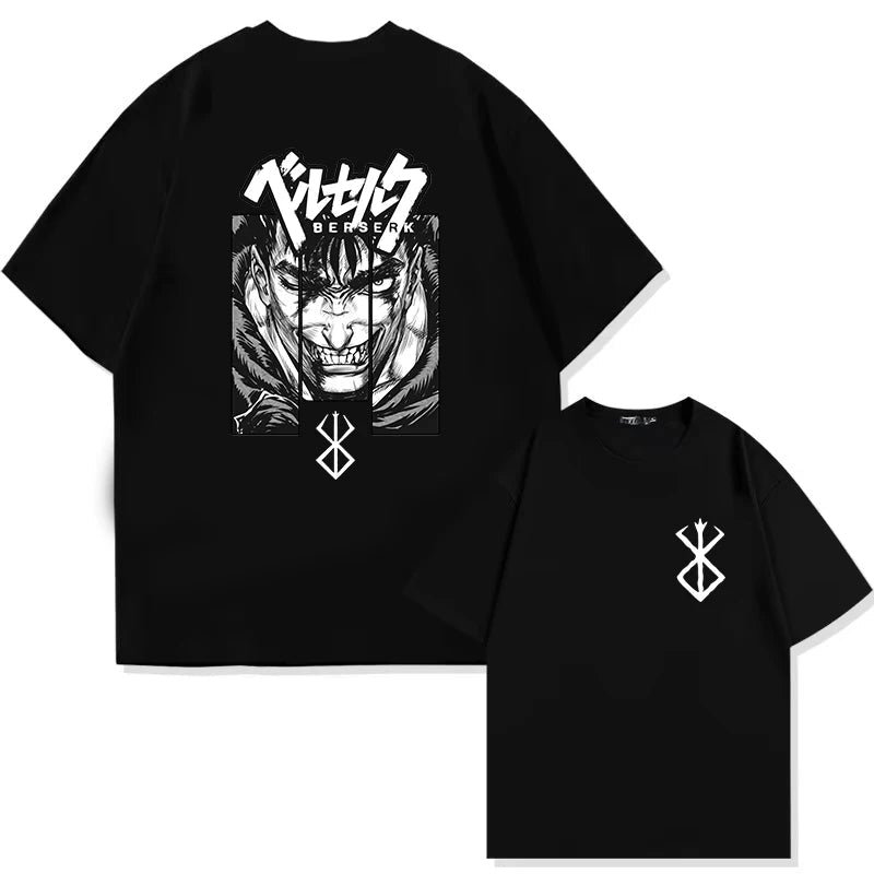 Japan Anime Berserk T-Shirt Guts Print Graphic Tee Men's 90s Summer Short Sleeve Casual Manga Dark Fantasy Black Swordsman Style - Clothesfassion.store