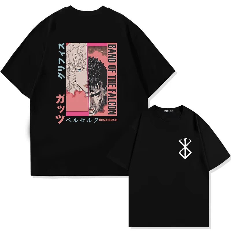 Japan Anime Berserk T-Shirt Guts Print Graphic Tee Men's 90s Summer Short Sleeve Casual Manga Dark Fantasy Black Swordsman Style - Clothesfassion.store