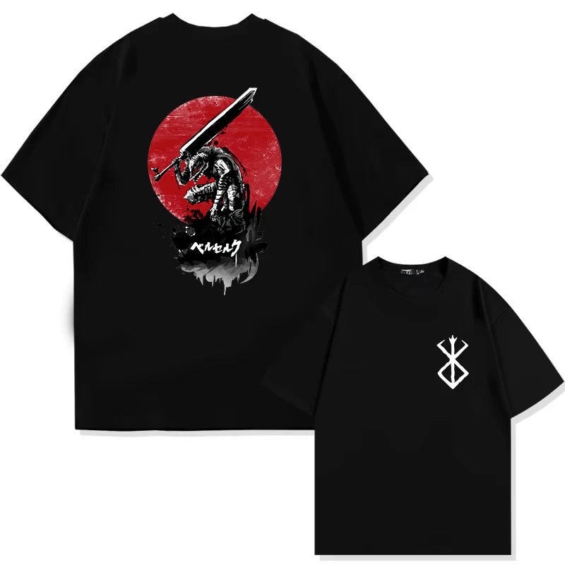 Japan Anime Berserk T-Shirt Guts Print Graphic Tee Men's 90s Summer Short Sleeve Casual Manga Dark Fantasy Black Swordsman Style - Clothesfassion.store